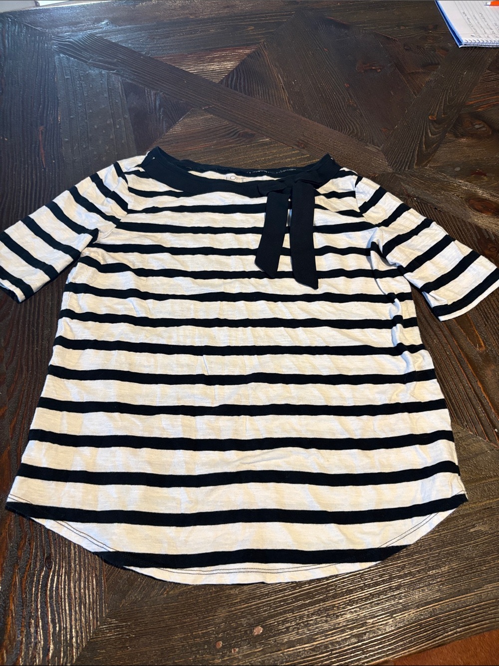 LOFT Black & White Striped Bow-Accent Short Sleeve Top